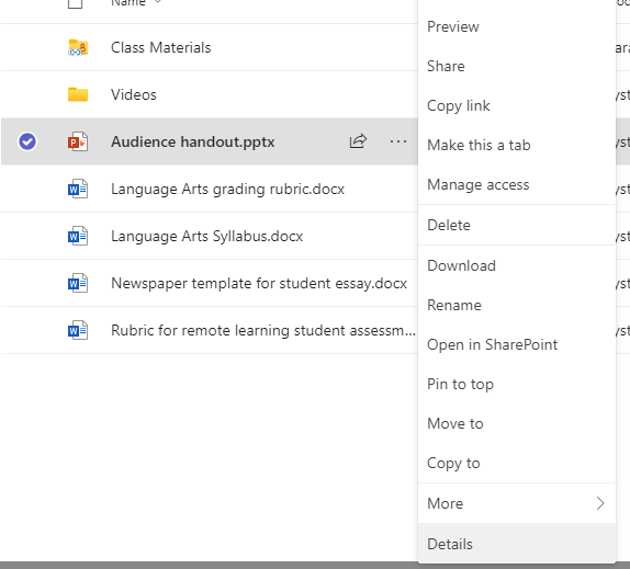 File actions menu with Details selected
