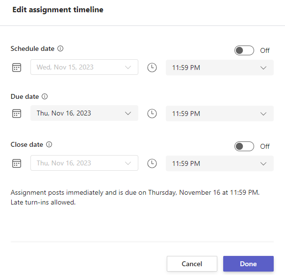 Edit assignment timeline with schedule, due, and close date settings