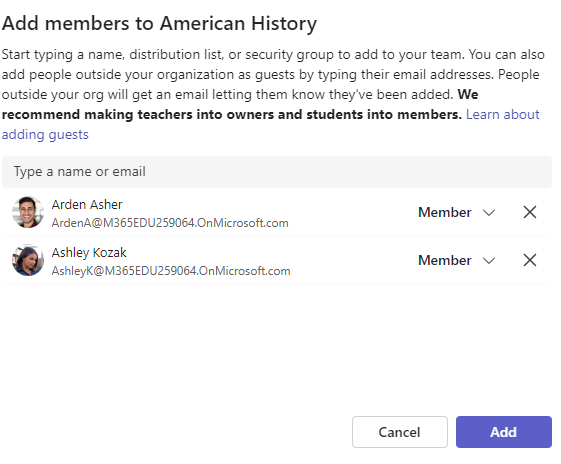 Add members dialog with students selected for the class team