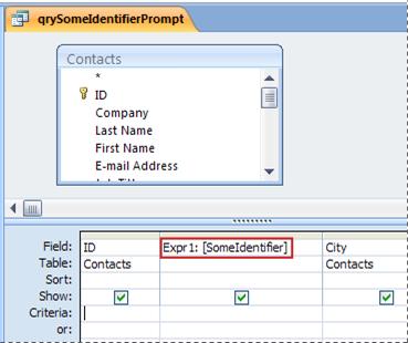 Query that contains an expression that causes the Enter Parameter Value dialog box to appear
