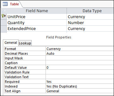 Fields in Design view