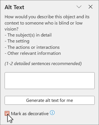 Image marked as decorative in the Alt text pane.
