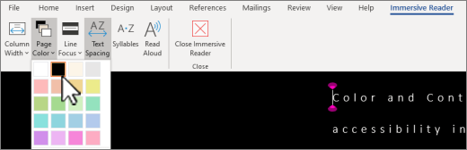 The Immersive Reader page color menu in Word.