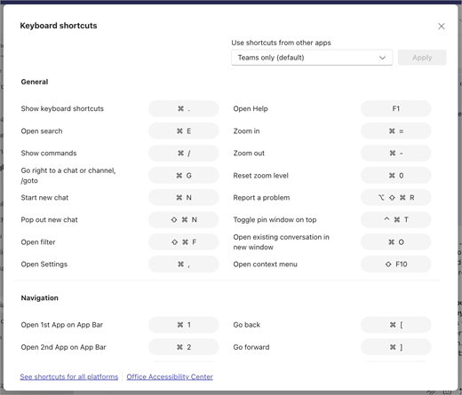 Keyboard shortcuts dialog with Use shortcuts from other apps set to Teams only (default).