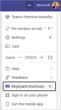 Settings and more menu with Keyboard shortcuts highlighted.