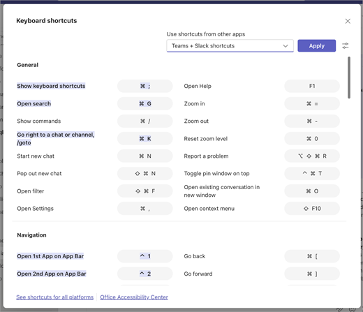 Keyboard shortcuts dialog with Teams and Slack shortcuts selected and changed shortcuts highlighted.