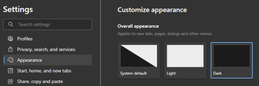 Microsoft Edge dark theme selected.