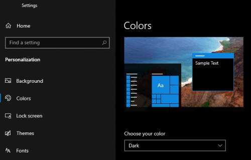 The Windows dark mode selected in the personalization settings of a PC.