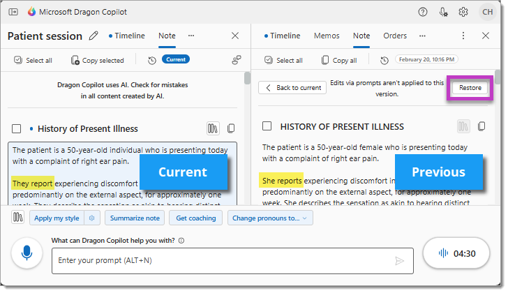 Split view displaying two note versions.