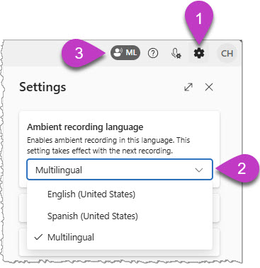 (1) Settings icon, (2) ambient recording language with Multilingual selected, and (3) recording icon indicating Multilingual recording mode.