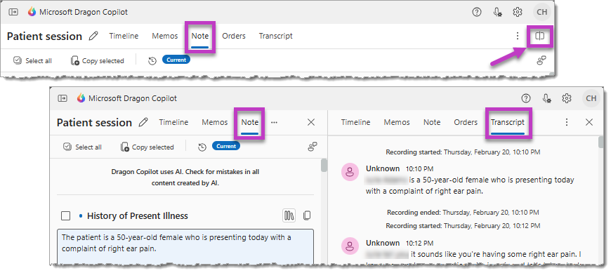 Default and split view displays.