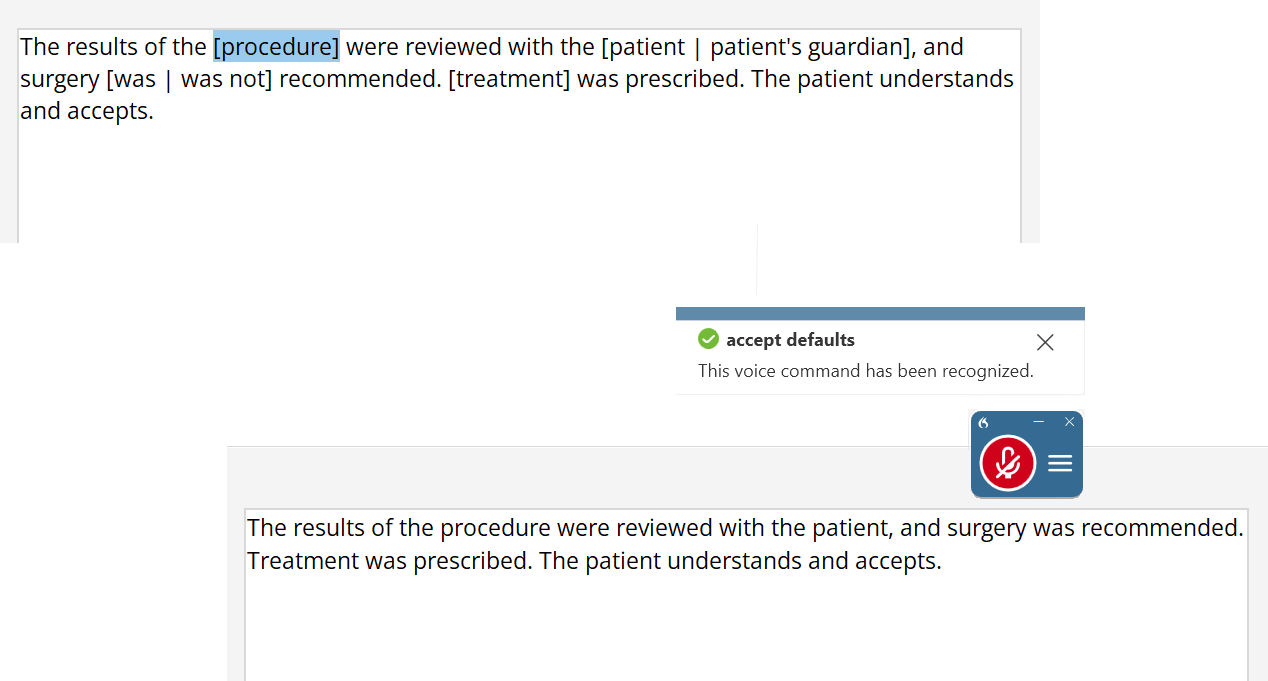 Auto-text inserted into document, Accept defaults command, and final document with brackets removed.