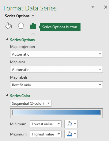 Excel Map Chart Format Object Task Pane Series options