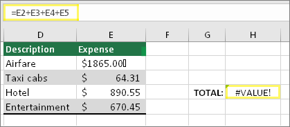 H4 with =E2+E3+E4+E5 and result of #VALUE!
