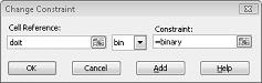 Add Constraint dialog setting the doit cell range to binary values
