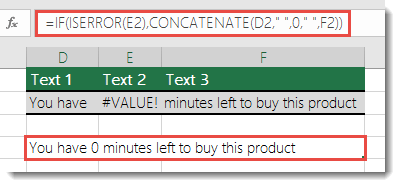 IF and ISERROR functions used as a workaround to concatenate a string with the #VALUE! error