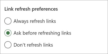 Screenshot that shows Ask before refreshing links.