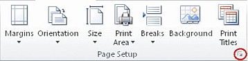 Page Layout tab Page Setup group with the dialog box launcher highlighted