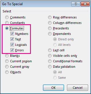 Options for finding formulas in the Go To Special box