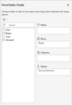 PivotTable Fields pane in Excel for the web