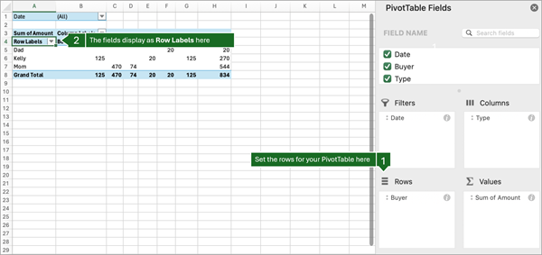 Excel for Mac PivotTable with Buyer in the Rows area