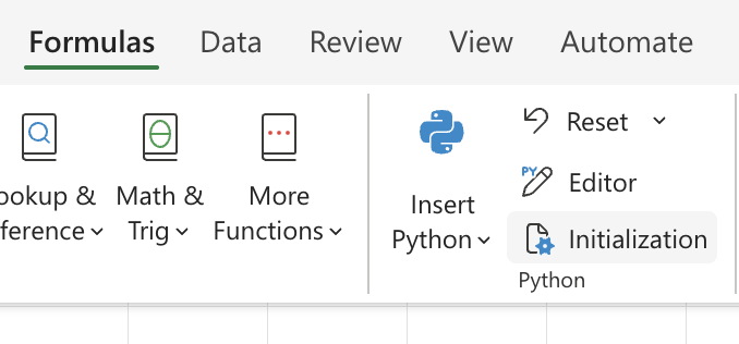 Go to Formulas and select Initialization in the Python section to open the initialization settings task pane.