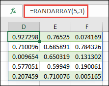 Screenshot that shows the RANDARRAY function entered in cell D1, spilling from D1 to F5.