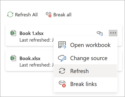 Screenshot that shows Refresh a link button.