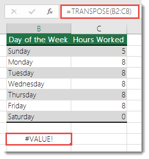 Screenshot that shows #VALUE error in TRANSPOSE.