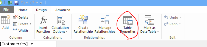 Ribbon in Power Pivot window showing Table Properties command