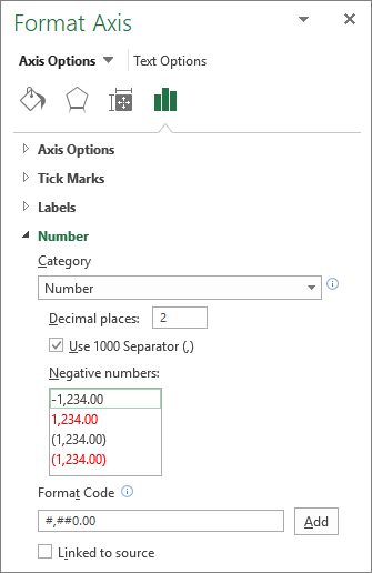 Format Axis pane with number formatting options