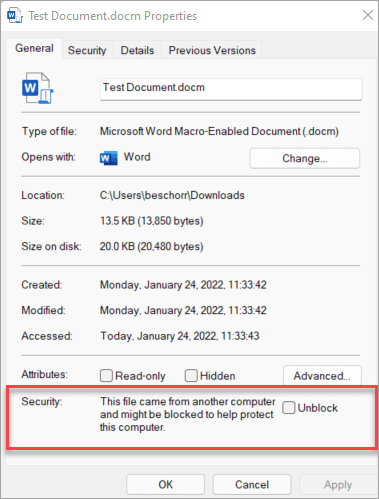 In file properties, near the bottom of the General tab, is a Security section with a checkbox for unblocking the file.