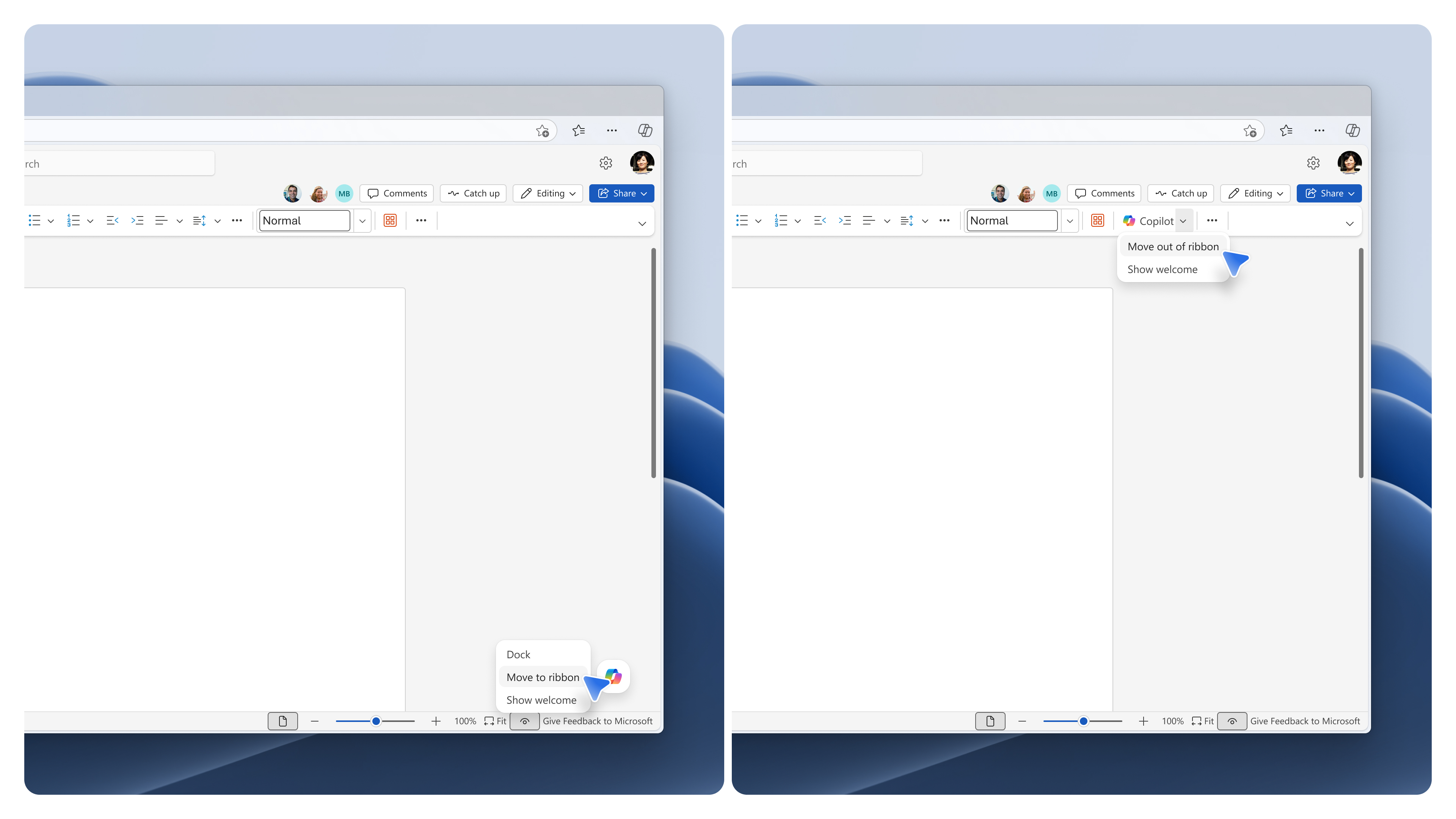 Two screenshots comparing the Copilot Dynamic Action Button's right-click menu when floating (Dock, Move to ribbon, Show welcome) versus docked in the ribbon (Move out of ribbon, Show welcome).