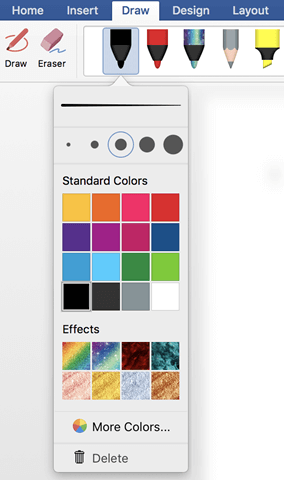 Pen thickness, color, and effects menu in Office for Mac