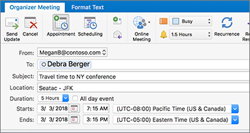 Meeting invite showing two different time zones