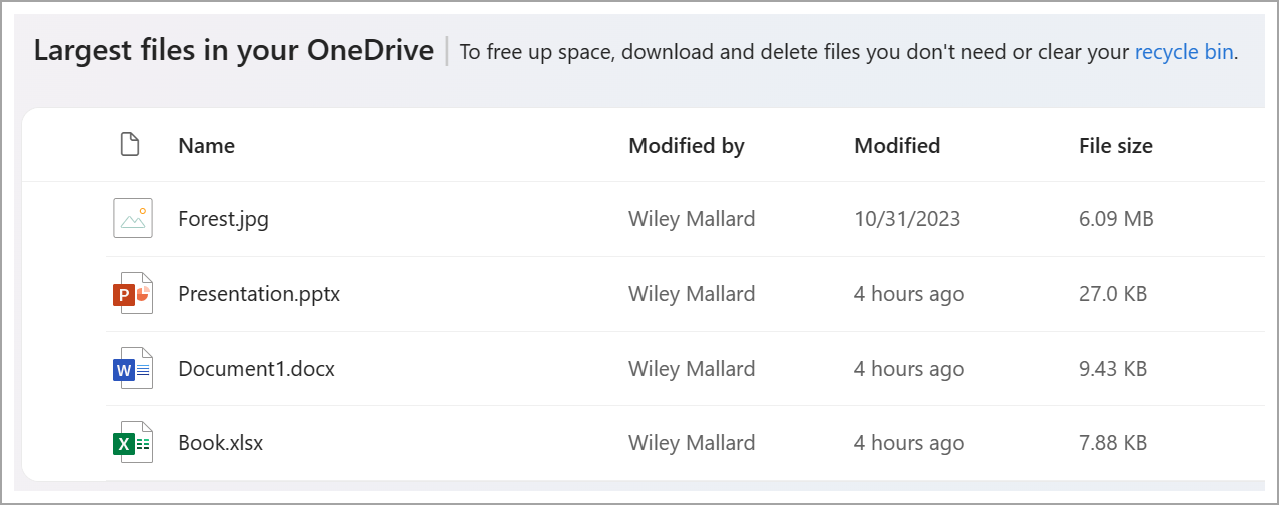Largest files in OneDrive sorted by file size