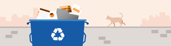 Illustration of documents and photos in a recycle bin.