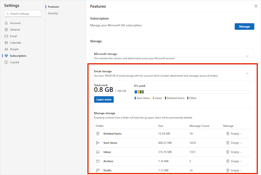 Outlook.com Subscription settings showing expanded Email storage usage and the storage used by each folder.