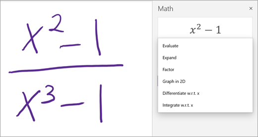 Expression x squared minus 1 over x cubed minus 1 with Math Assistant actions