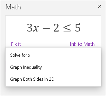 Inequality 3x minus 2 less than or equal to 5 with solving and graphing actions