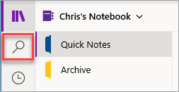 The location of the Search button in OneNote for Windows 10.