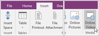 Screenshot of how to insert an embedded video into OneNote 2016.
