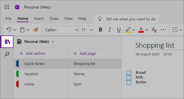 OneNote for the web with the Navigation button highlighted
