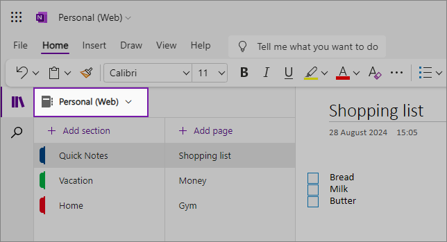 OneNote for the web with the notebook dropdown highlighted