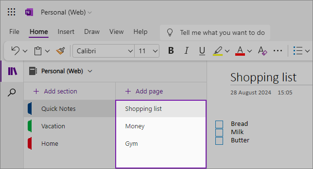 OneNote for the web with the page list highlighted