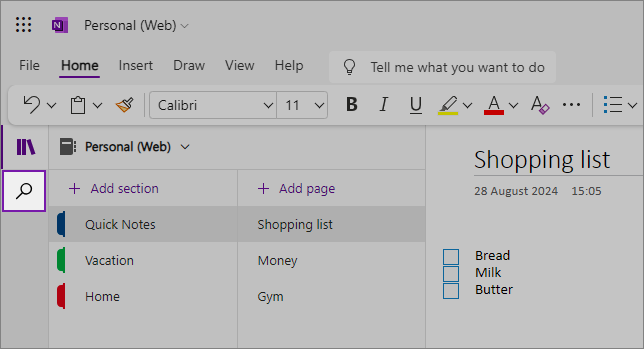 OneNote for the web with the Search button highlighted
