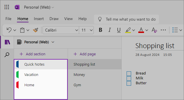 OneNote for the web with the section list highlighted