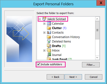 Export Personal Folders dialog with the account selected and Include subfolders checked.