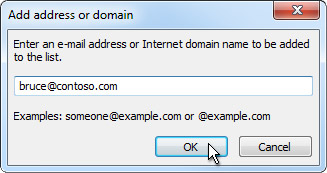 Add address or domain dialog with bruce@contoso.com entered.