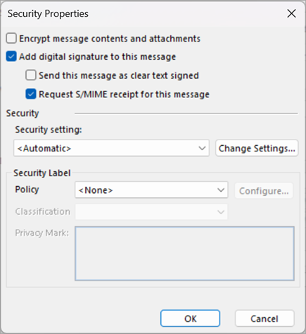 Check the boxes next to Add digital signature to this message and Request S/MIME receipt for this message